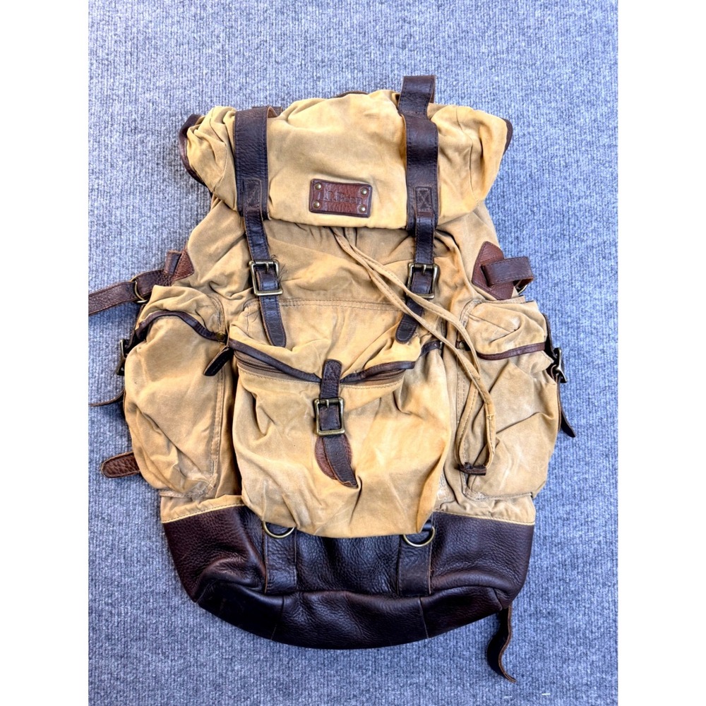 LL Bean Waxed Canvas Leather Rucksack Backpack Tan Brown Outdoor Hiking Bag